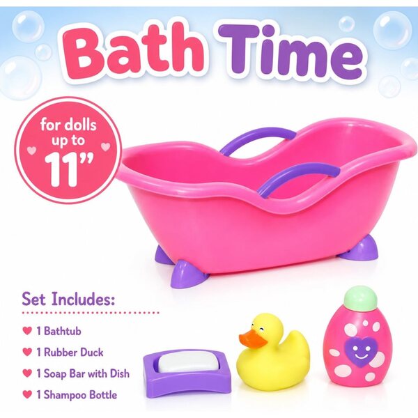 Komplettes Zubehör für 11-Zoll-Puppen JC Toys | Hochstuhl, Kinderbett, Babybadewanne und mehr rosa