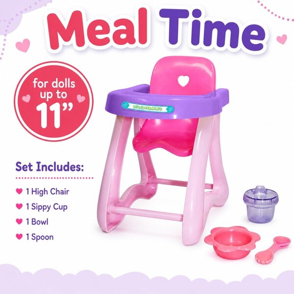 Komplettes Zubehör für 11-Zoll-Puppen JC Toys | Hochstuhl, Kinderbett, Babybadewanne und mehr rosa