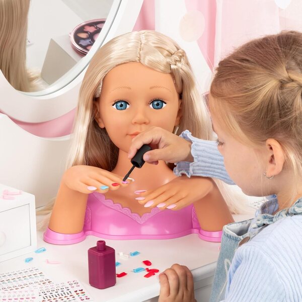 Stilska glava punčke Bayer Charlene Magic Nails z blond lasmi in poslikavo nohtov za otroke