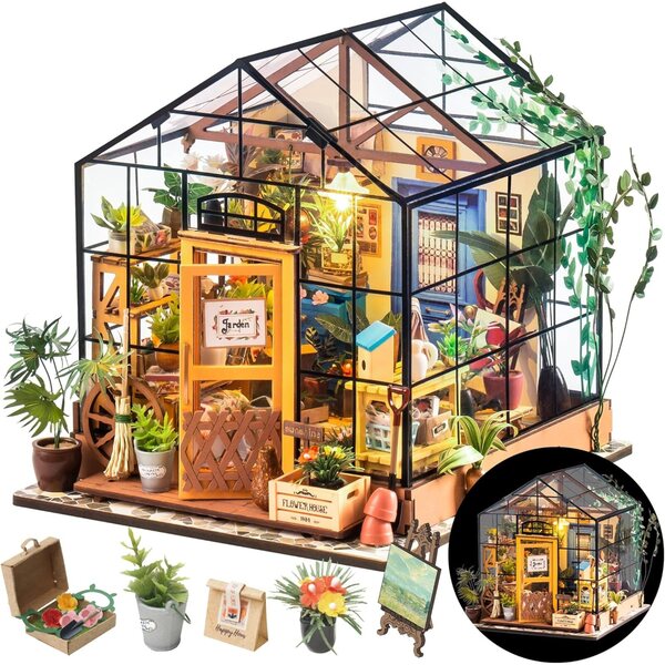 Rolife DIY Miniature Greenhouse Kit, Tiny/Mini House Making Kit with Furniture for Adults, Furniture, Halloween/Christmas Decorations, Gifts for Family and Friends (Cathy's Greenhouse)
