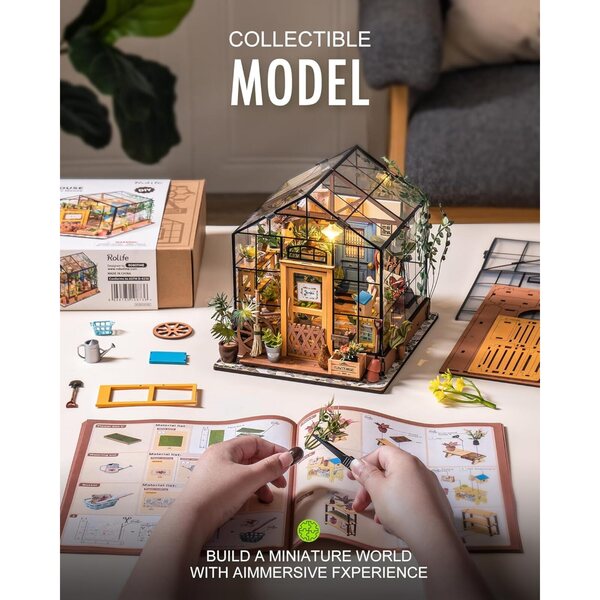 Rolife DIY Miniature Greenhouse Kit, Tiny/Mini House Making Kit with Furniture for Adults, Furniture, Halloween/Christmas Decorations, Gifts for Family and Friends (Cathy's Greenhouse)