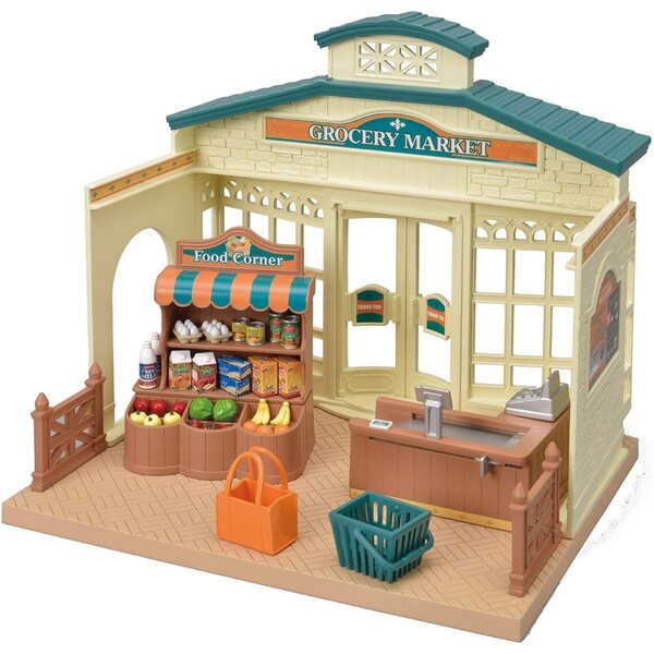 Živilska tržnica Calico Critters s pultom, blagajno in 40 dodatki za ustvarjalno igro