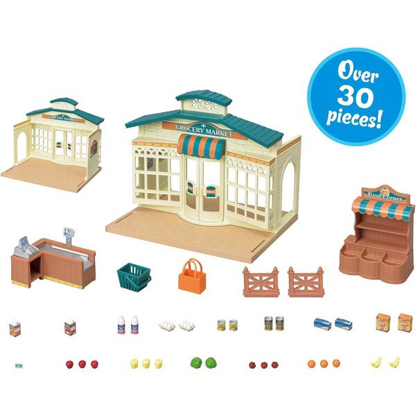 Mercado de mercearia Calico Critters com balcão, caixa e 40 acessórios para brincadeiras criativas