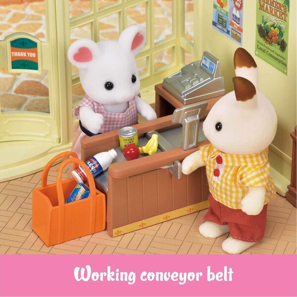 Mercado de mercearia Calico Critters com balcão, caixa e 40 acessórios para brincadeiras criativas