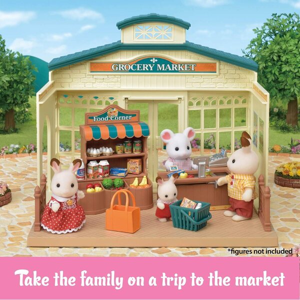 Mercado de mercearia Calico Critters com balcão, caixa e 40 acessórios para brincadeiras criativas