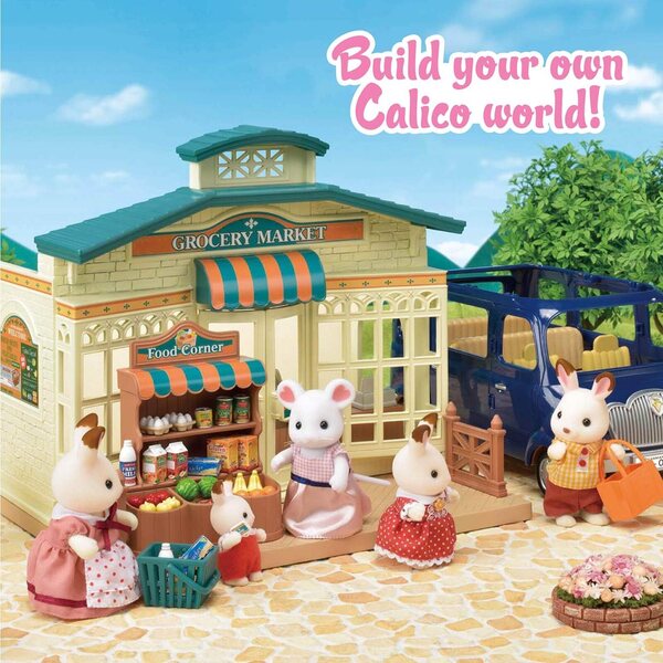 Mercado de mercearia Calico Critters com balcão, caixa e 40 acessórios para brincadeiras criativas