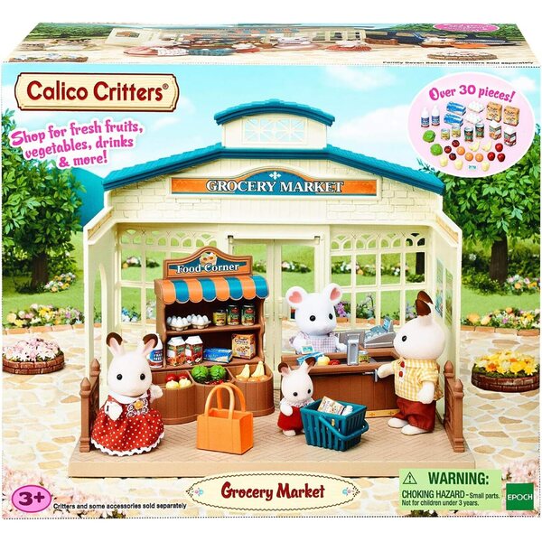 Mercado de mercearia Calico Critters com balcão, caixa e 40 acessórios para brincadeiras criativas