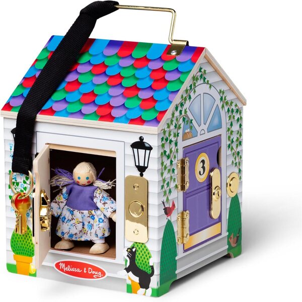 Melissa & Doug Casa de madera portátil con campana y muñecas móviles para niños mayores de 3 años