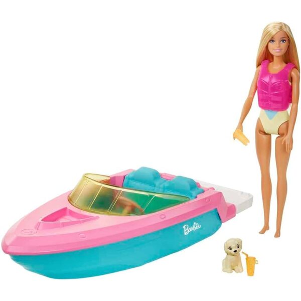 Barbie avec bateau flottant, chiot, gilet de sauvetage et accessoires