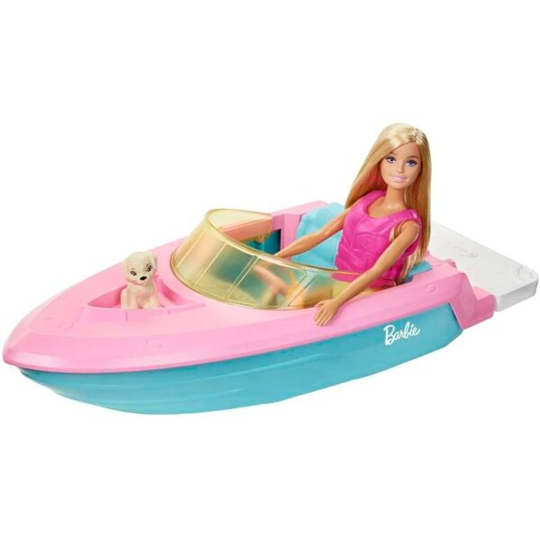 Barbie avec bateau flottant, chiot, gilet de sauvetage et accessoires