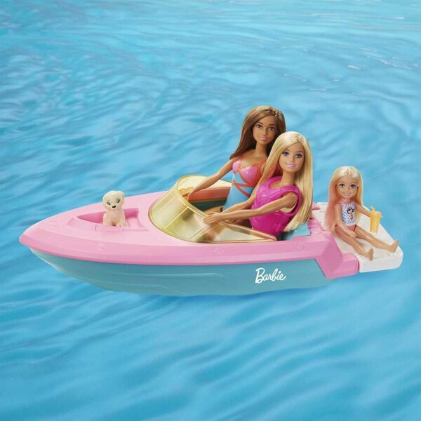 Barbie avec bateau flottant, chiot, gilet de sauvetage et accessoires