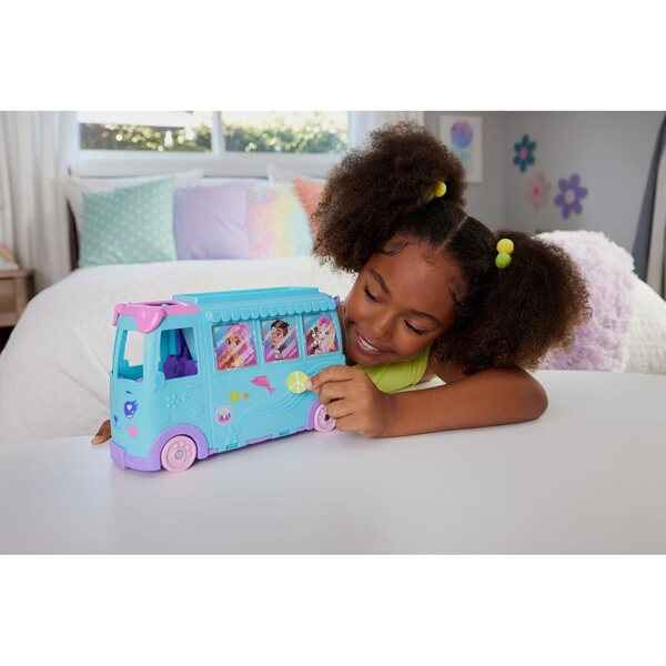 Polly Pocket Micro Dolls and Transforming Camper Van Vehicle, Accessories Include Pets and Toy Car, Pet Mobile Adventure Playset