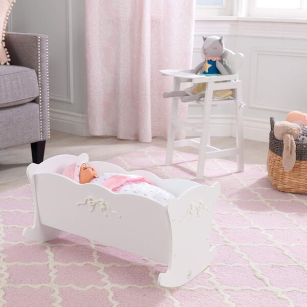KidKraft Tiffany Bow Puppenwiege aus Holz mit Outfit, Weiß für Kinder ab 3 Jahren