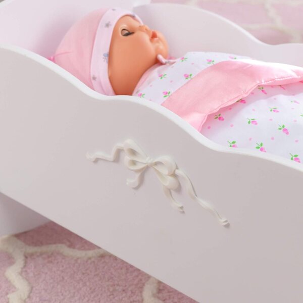 KidKraft Tiffany Bow Puppenwiege aus Holz mit Outfit, Weiß für Kinder ab 3 Jahren