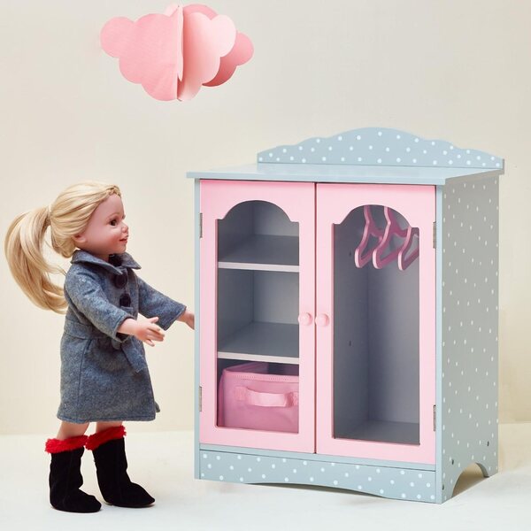 Olivia's Little World Holz Kleederschaf fir 18 Zoll Poppen mat Fënstertüren a Mantelhänger