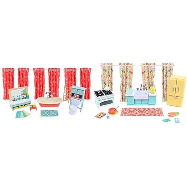 Honey Bee Acres Dollhouse Furniture Bundle - Bubbly Bee Bathroom 30-Piece Set & Sweet Home Kitchen 27-Piece Accessories Set