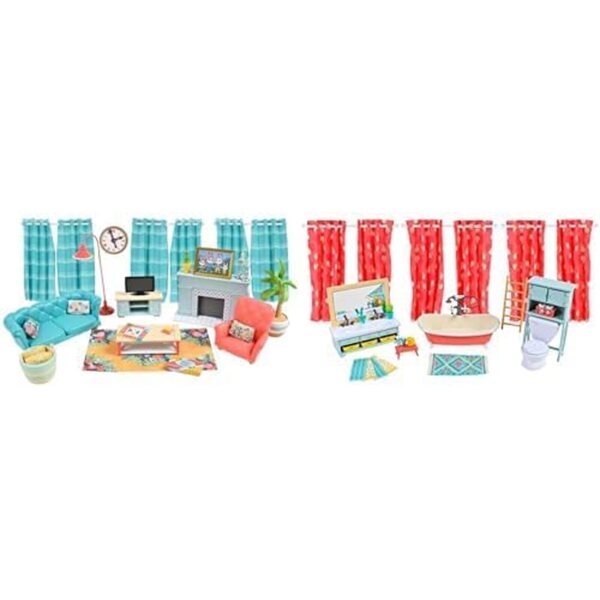 „Sunny Days Dollhouse“ baldų komplektas – 28 svetainės detalės ir 30 spalvingų vonios elementų
