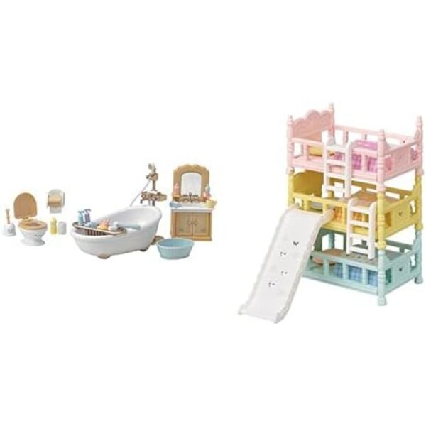 Calico Critters Country Bathroom Set with Triple Bunk Beds - Dollhouse Furniture and Accessories Bundle for Ages 3+