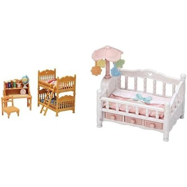 Set do dětského pokoje Calico Critters s patrovými postelemi, stolem a postýlkou s kulatou skříňkou