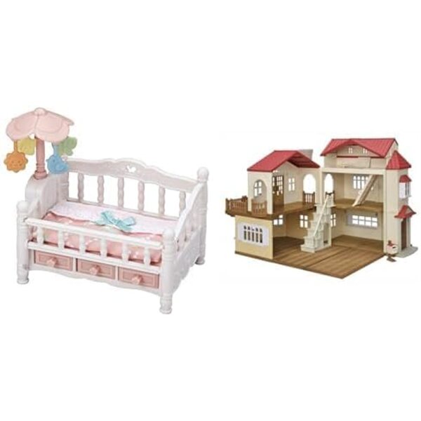 Calico Critters Crib with Mobile Dollhouse Furniture Set & Red Roof Country Home Secret Attic Playroom House Bundle
