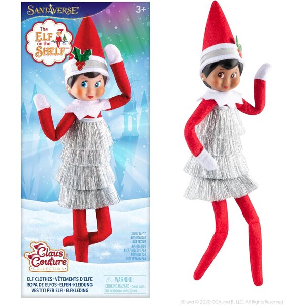 Winziges Lametta-Kleid aus der Claus Couture-Kollektion für Elf on the Shelf – Funkelndes Vintage-Kleid