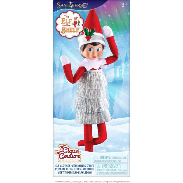 Winziges Lametta-Kleid aus der Claus Couture-Kollektion für Elf on the Shelf – Funkelndes Vintage-Kleid