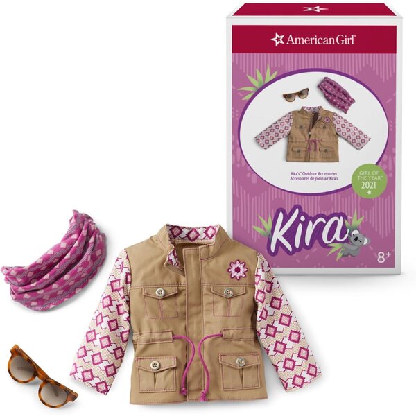 Amerikietiški Kira Bailey Dolls 2021 aksesuarai: striukė, šalikas ir 18 colių akiniai