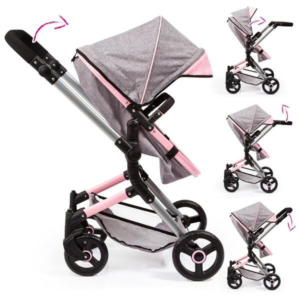 Bayer Vario Wende-Puppenkinderwagen mit verstellbarem Griff und rosa-grauer Tasche