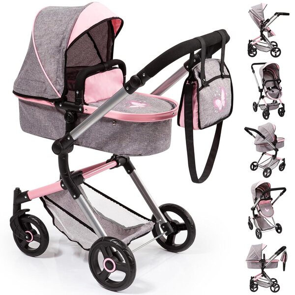 Bayer Vario Wende-Puppenkinderwagen mit verstellbarem Griff und rosa-grauer Tasche