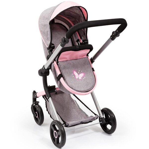 Bayer Vario Wende-Puppenkinderwagen mit verstellbarem Griff und rosa-grauer Tasche