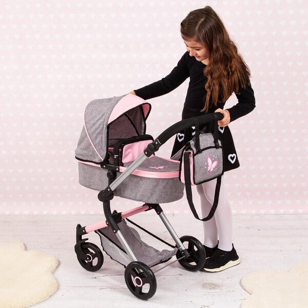 Bayer Vario Wende-Puppenkinderwagen mit verstellbarem Griff und rosa-grauer Tasche