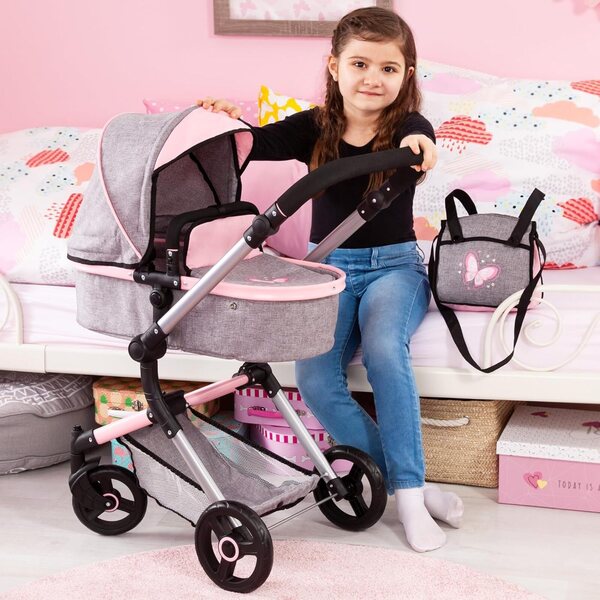 Bayer Vario Wende-Puppenkinderwagen mit verstellbarem Griff und rosa-grauer Tasche