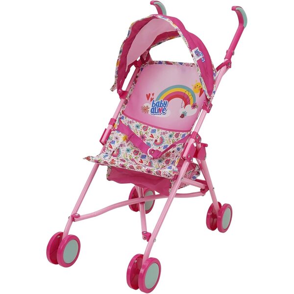 Baby Alive foldbar klapvogn med baldakin og sikkerhedsstrop, pink og regnbue