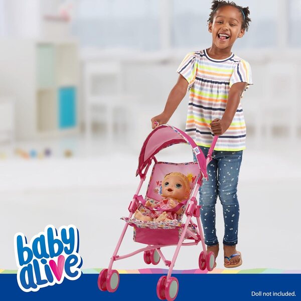 Skládací kočárek Baby Alive se stříškou a bezpečnostním popruhem, růžový a duhový