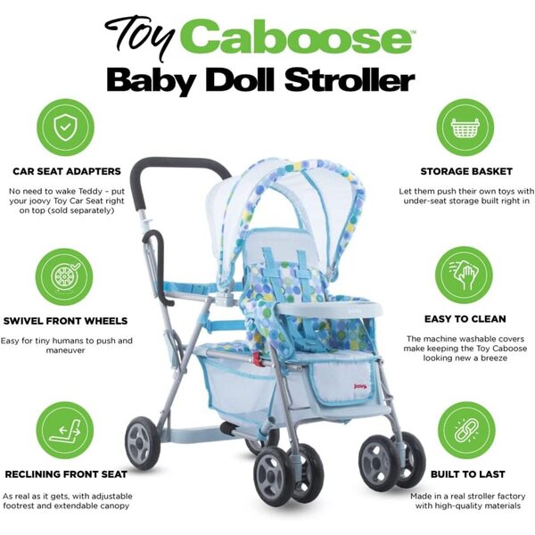 Joovy Toy Caboose Spielzeug-Kinderwagen für 3 Puppen mit Liegesitz und Snack-Tablett