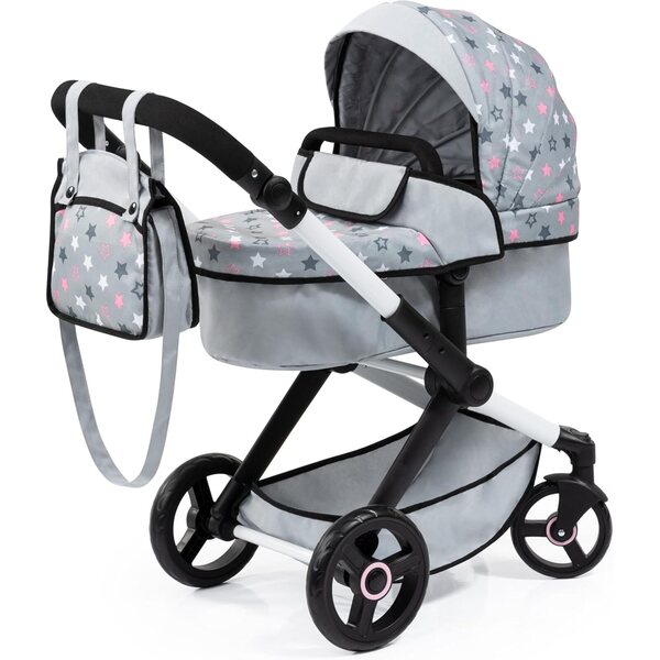 Bayer Design Dolls: Pram Xeo - Grey, Pink, Stars - Includes Shoulder Bag, Fits Dolls Up to 18', Convertible to A Pushchair, Adjustable Handle & Swivel Front Wheels, Accessory for -Plush Toys, Ages 3+