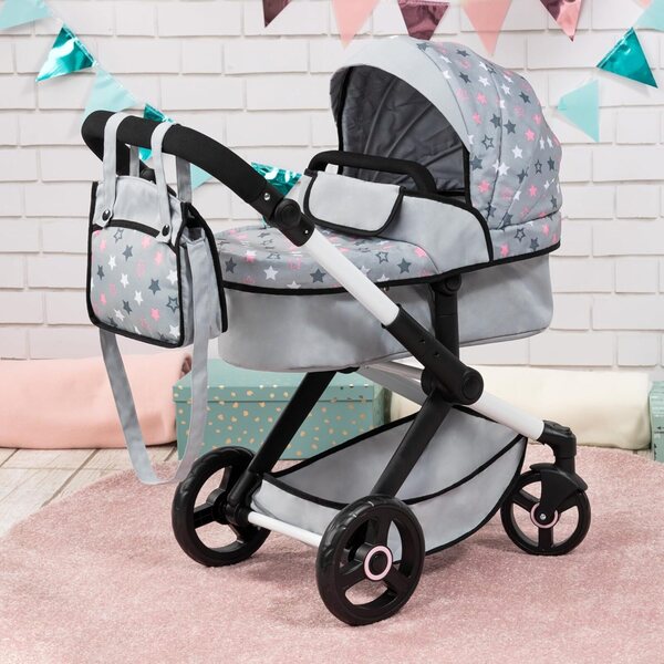 Bayer Design Dolls: Pram Xeo - Grey, Pink, Stars - Includes Shoulder Bag, Fits Dolls Up to 18', Convertible to A Pushchair, Adjustable Handle & Swivel Front Wheels, Accessory for -Plush Toys, Ages 3+