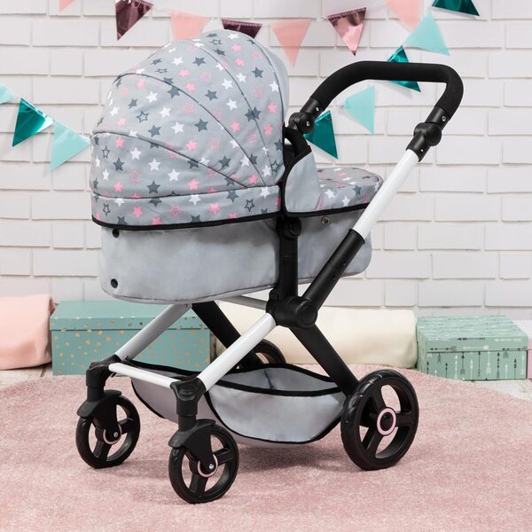 Bayer Design Dolls: Pram Xeo - Grey, Pink, Stars - Includes Shoulder Bag, Fits Dolls Up to 18', Convertible to A Pushchair, Adjustable Handle & Swivel Front Wheels, Accessory for -Plush Toys, Ages 3+