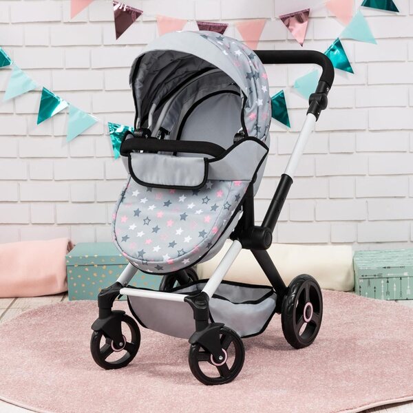 Bayer Design Dolls: Pram Xeo - Grey, Pink, Stars - Includes Shoulder Bag, Fits Dolls Up to 18', Convertible to A Pushchair, Adjustable Handle & Swivel Front Wheels, Accessory for -Plush Toys, Ages 3+