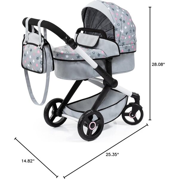 Bayer Design Dolls: Pram Xeo - Grey, Pink, Stars - Includes Shoulder Bag, Fits Dolls Up to 18', Convertible to A Pushchair, Adjustable Handle & Swivel Front Wheels, Accessory for -Plush Toys, Ages 3+