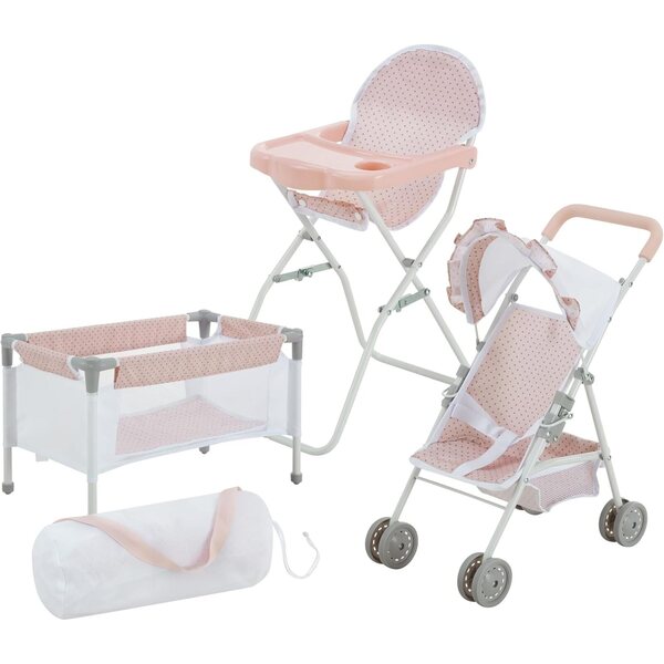 Komplet Olivia's Little World pro panenky 15" – růžová a šedá postýlka, vysoká stolička a kočárek