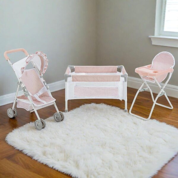 Olivia's Little World Kinderzimmer-Set für 15-Zoll-Puppen – rosa und graues Kinderbett, Hochstuhl und Kinderwagen