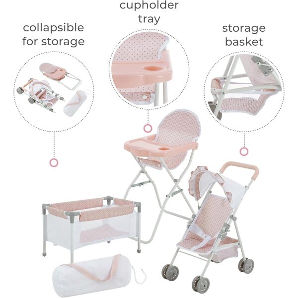 Olivia's Little World Kinderzimmer-Set für 15-Zoll-Puppen – rosa und graues Kinderbett, Hochstuhl und Kinderwagen