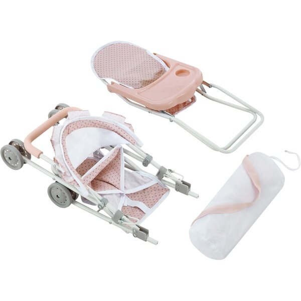 Olivia's Little World Kinderzimmer-Set für 15-Zoll-Puppen – rosa und graues Kinderbett, Hochstuhl und Kinderwagen