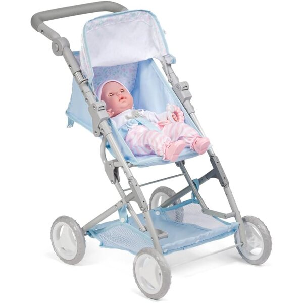 JC Toys - Berenguer Boutique | Fashionable Stroller with Canopy and Storage | Simple Folding |Blue Accessory Collection | for Dolls up to 18" | Ages 3+