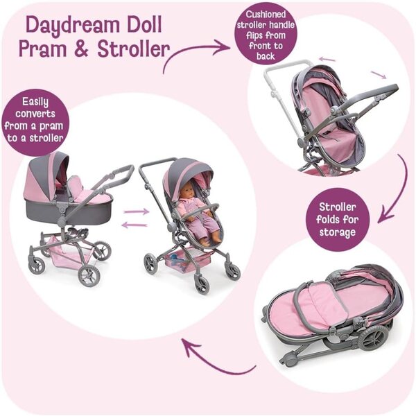 Badger Basket 2-in-1 Puppenwagen und Klappwagen Grau/Rosa