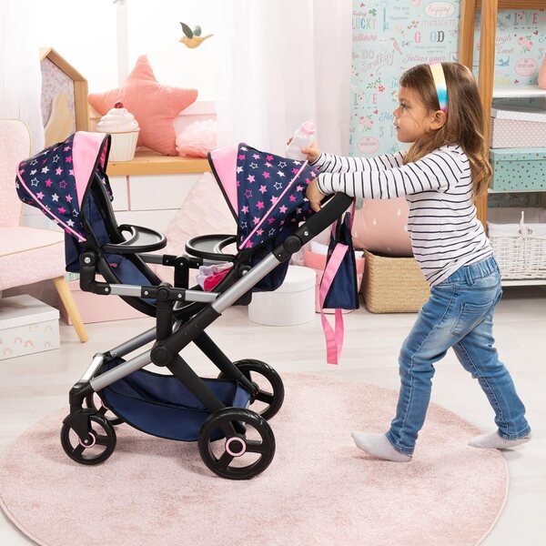 Bayer Xeo Zwillingswagen, Zwillingspuppenwagen, Marineblau und Rosa, mit verstellbarem Griff