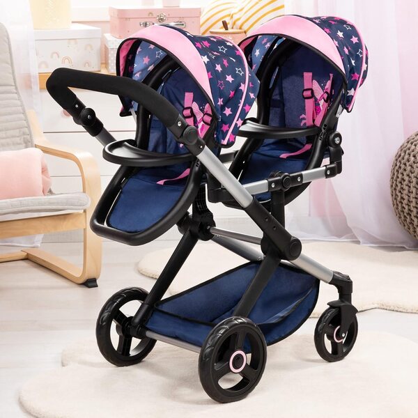 Bayer Xeo Zwillingswagen, Zwillingspuppenwagen, Marineblau und Rosa, mit verstellbarem Griff