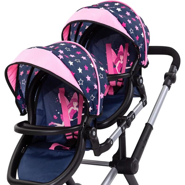 Bayer Xeo Zwillingswagen, Zwillingspuppenwagen, Marineblau und Rosa, mit verstellbarem Griff