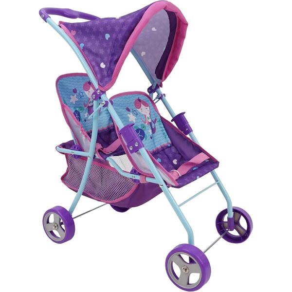 509 Mermaid Twin Kinderwagen für Puppen bis 18'' mit Vorhang und verstellbaren Gurten